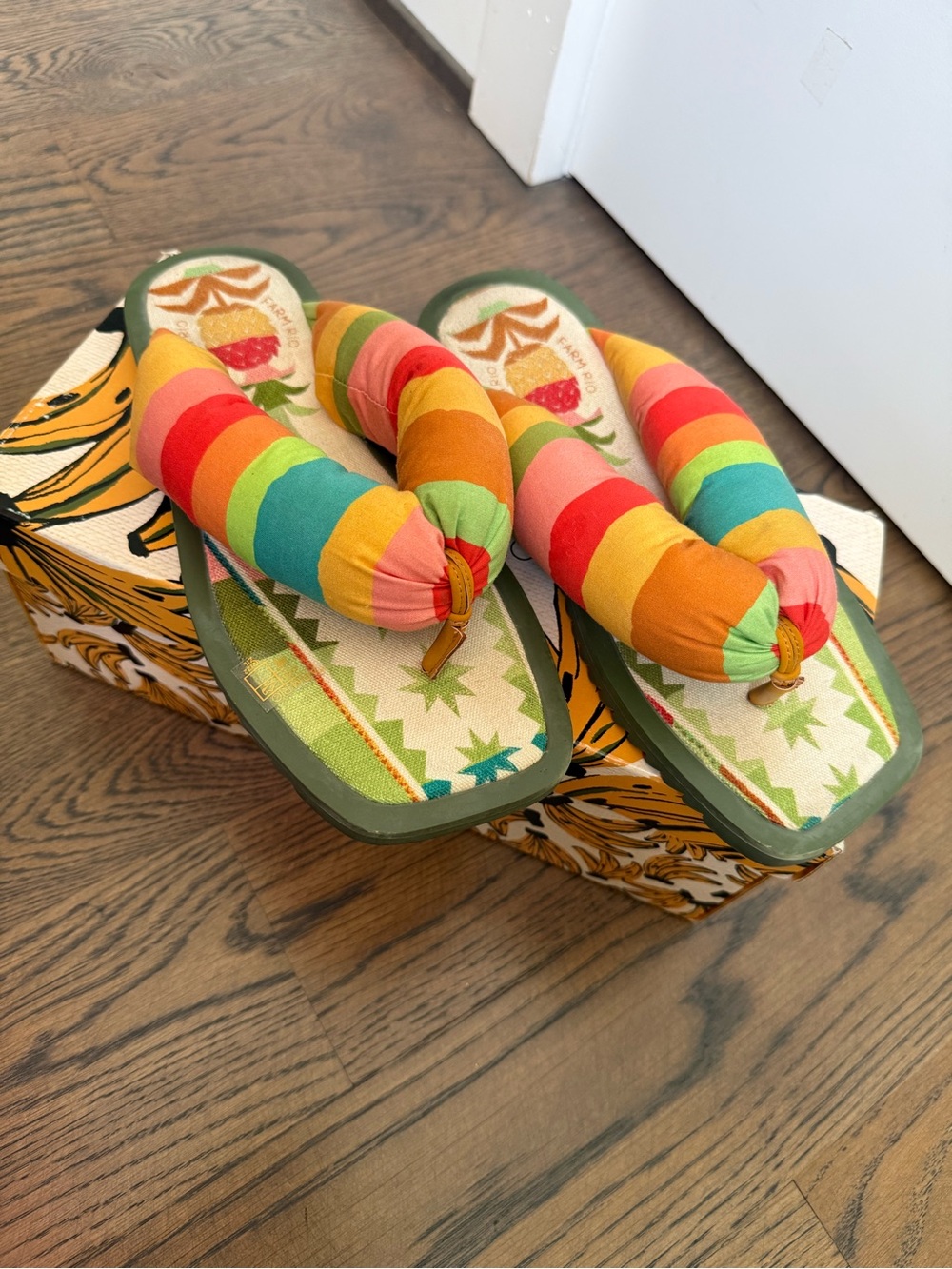FARM Rio Pineapple Rainbow Puffy Sandals with tropical colored footbed. 9, EUC.